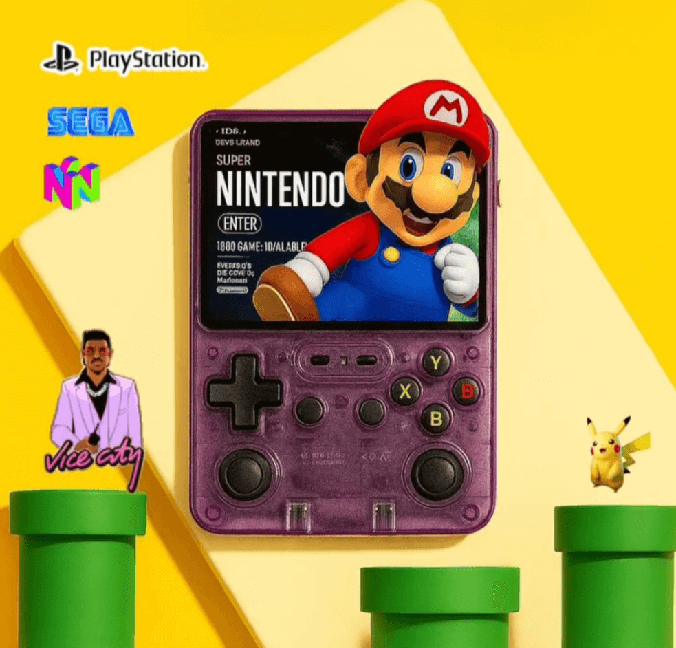 Retro game console with Mario, showcasing PlayStation, Sega, and Nintendo logos.