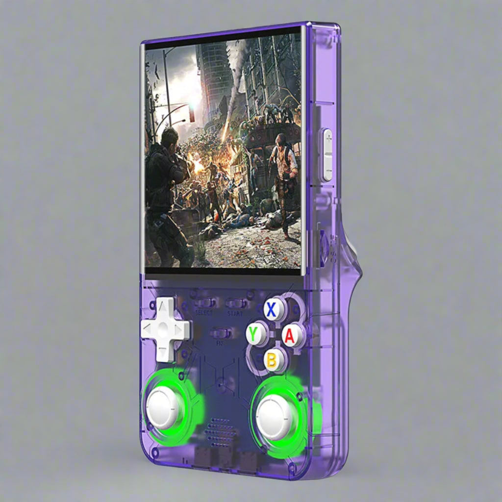 Handheld gaming console with transparent purple casing displaying a game scene on screen.