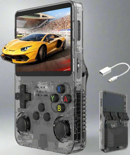RetroGBlast Arkos 2.0 handheld gaming console showing clear design and vibrant racing game display.