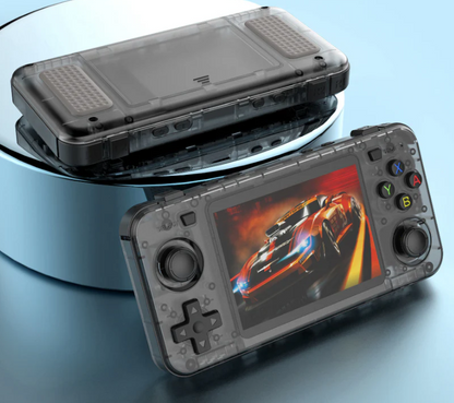 RetroGBlast ™ Arkos 2.0 handheld gaming console with a colorful screen, showcasing retro car racing game.