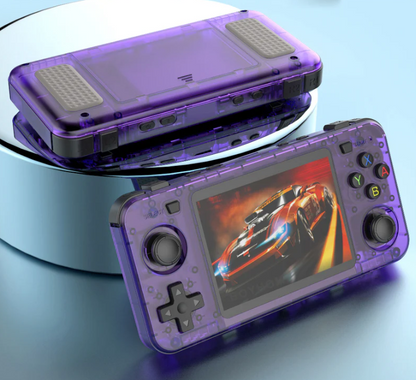 RetroGBlast™ Arkos 2.0 portable gaming console in purple with a racing game displayed on screen.