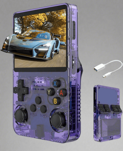 R36s RetroGBlast ™ Arkos 2.0 gaming console in purple with screen showing racing game and charging cable.