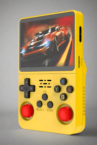 RetroGBlast™ Arkos 2.0 handheld gaming console in yellow featuring a racing game display.