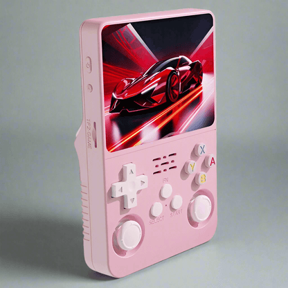 RetroGBlast™ Arkos 2.0 handheld console showcasing racing game graphics on a pink device.