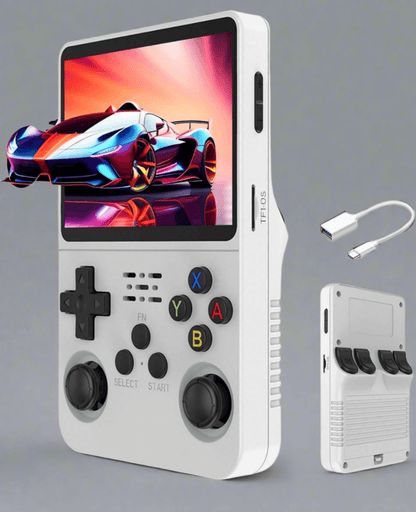 Retro gaming console with screen, USB cable, and classic controls, showcasing endless gaming fun.