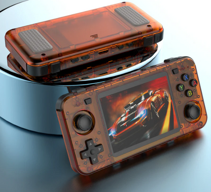 RetroGBlast™ Arkos 2.0 handheld console in transparent orange with racing game displayed.