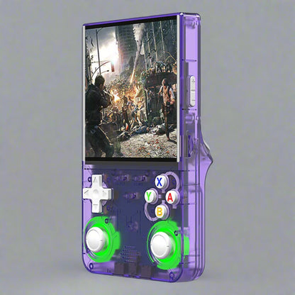 Handheld gaming console with transparent purple casing displaying a game scene on screen.