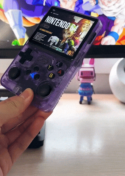 RetroGBlast ™ Arkos 2.0 handheld gaming console with Nintendo 64 game display.