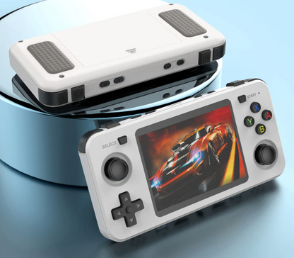 RetroGBlast™ Arkos 2.0 portable gaming console with a screen, showcasing high-definition racing gameplay.